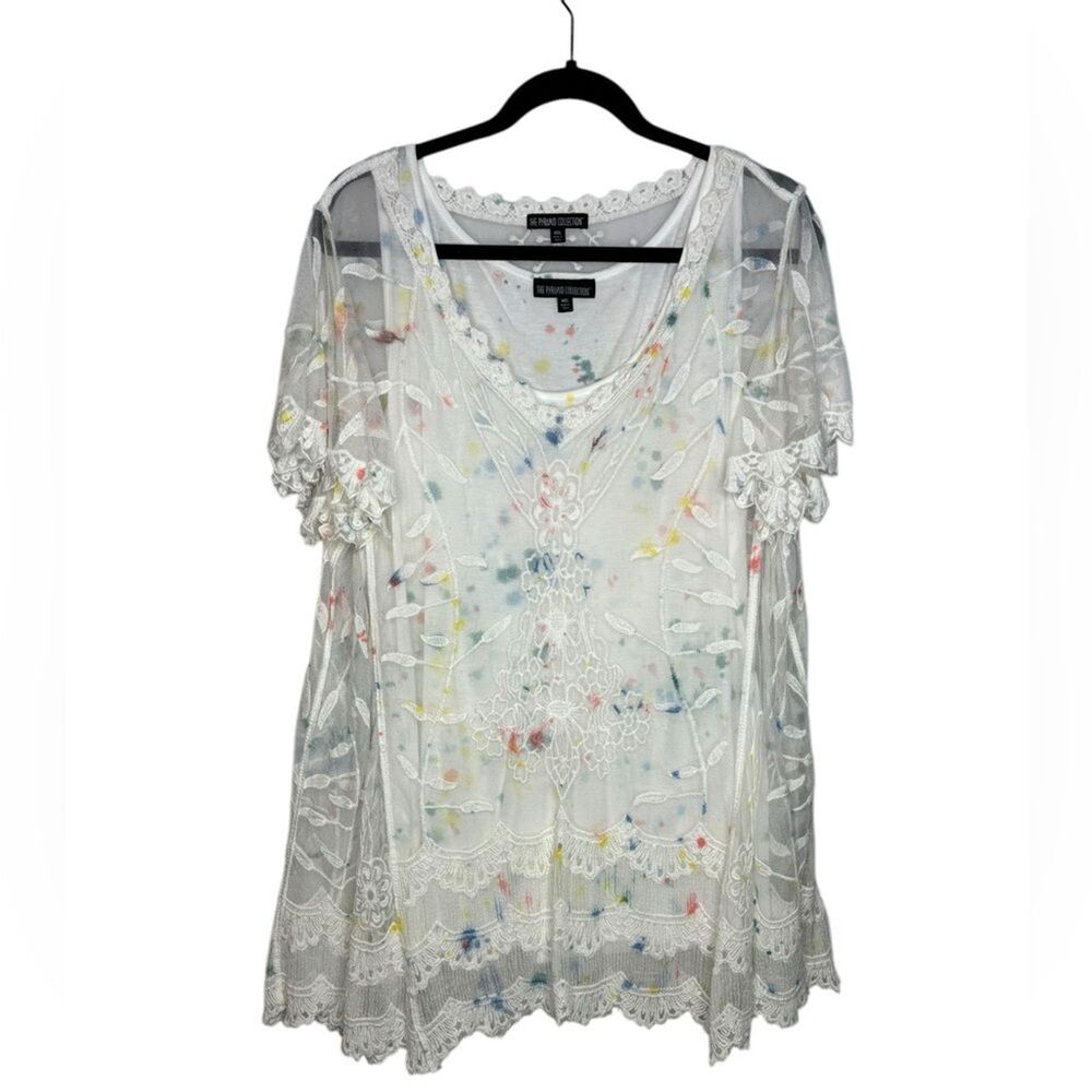 The Pyramid Collection Designer Sheer Lace Artsy Paint Two Piece Dress Size MD